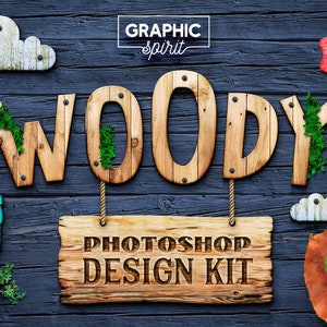 May include: A wooden sign with the text "WOOD" in large, rustic letters. The letters are made of wood planks and have a weathered look. The sign is hanging from a rope and has a smaller sign below it that says "PHOTOSHOP DESIGN KIT". The background is a dark blue wooden surface.