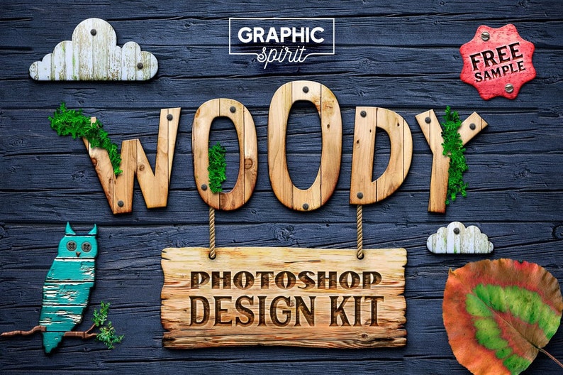 May include: A wooden sign with the text "WOOD" in large, rustic letters. The letters are made of wood planks and have a weathered look. The sign is hanging from a rope and has a smaller sign below it that says "PHOTOSHOP DESIGN KIT". The background is a dark blue wooden surface.