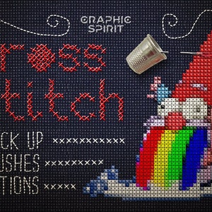 May include: Cross Stitch Mock Up, Brushes and Actions. A red and white cross stitch design of a gnome with a rainbow. The text "Cross Stitch" is in red and the text "Mock Up", "Brushes", and "Actions" are in white.