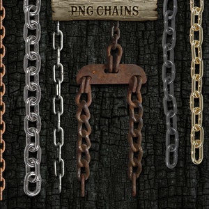 May include: A collection of ten different chains, including rusty, silver, gold, and black chains, hanging against a dark, charred wood background. The chains are all different lengths and thicknesses. The text "PNG CHAINS" is written on a wooden sign above the chains.