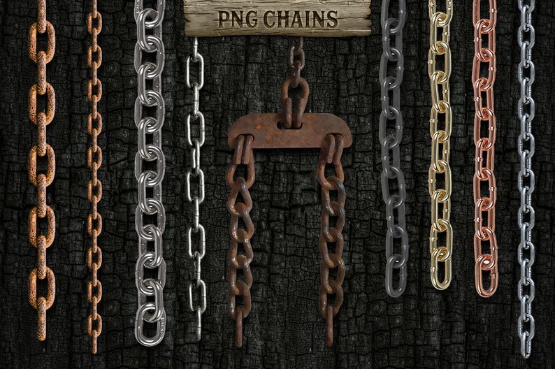 May include: A collection of ten different chains, including rusty, silver, gold, and black chains, hanging against a dark, charred wood background. The chains are all different lengths and thicknesses. The text "PNG CHAINS" is written on a wooden sign above the chains.