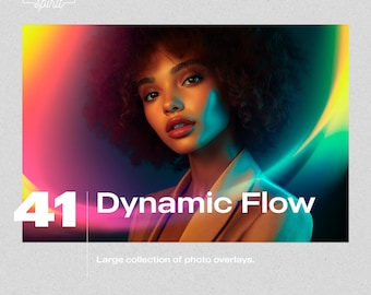 Op de afbeelding: Een promotieafbeelding met een vrouw met donker krullend haar, badend in kleurrijk licht. De tekst "41 Dynamic Flow" staat prominent weergegeven, met de slogan "Large collection of photo overlays" eronder.
