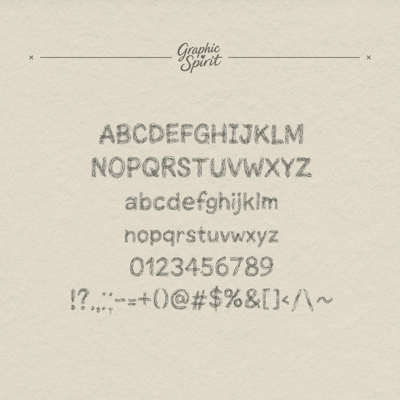 May include: A full alphabet and number set in a sketched font style. The uppercase and lowercase letters, numbers, and symbols are displayed in a grey colour against a beige textured background. The text "Graphic Spirit" is at the top.