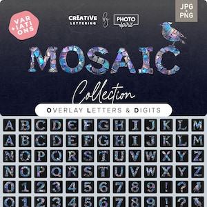 Op de afbeelding: Een verzameling mozaïekletters en -cijfers in een iriserend kleurenschema van blauw, paars en groen. De letters en cijfers zijn gerangschikt in rijen en kolommen op een zwarte achtergrond. Het woord "MOSAIC" wordt in grote letters bovenaan de afbeelding weergegeven. De tekst "Collection" wordt onder het woord "MOSAIC" weergegeven. De tekst "Overlay Letters & Digits" wordt onder het woord "Collection" weergegeven.