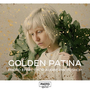 Golden Patina Photo Effect - Vintage Overlays Gold Color Brushes, Textures, PSD Template for Adobe Photoshop