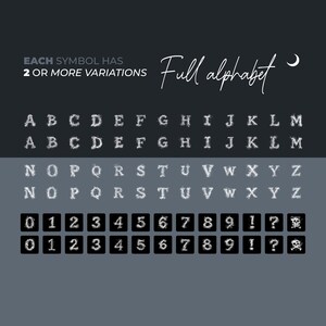 Puede incluir: Gr&aacute;fico gris oscuro con un alfabeto completo y n&uacute;meros, cada uno con m&uacute;ltiples variaciones. Las letras y n&uacute;meros blancos tienen una apariencia ahumada y texturizada. El texto "Full alphabet" est&aacute; escrito en cursiva.