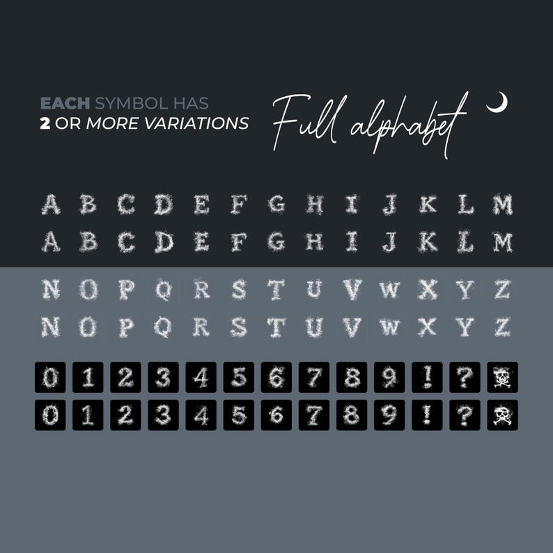 Puede incluir: Gr&aacute;fico gris oscuro con un alfabeto completo y n&uacute;meros, cada uno con m&uacute;ltiples variaciones. Las letras y n&uacute;meros blancos tienen una apariencia ahumada y texturizada. El texto "Full alphabet" est&aacute; escrito en cursiva.