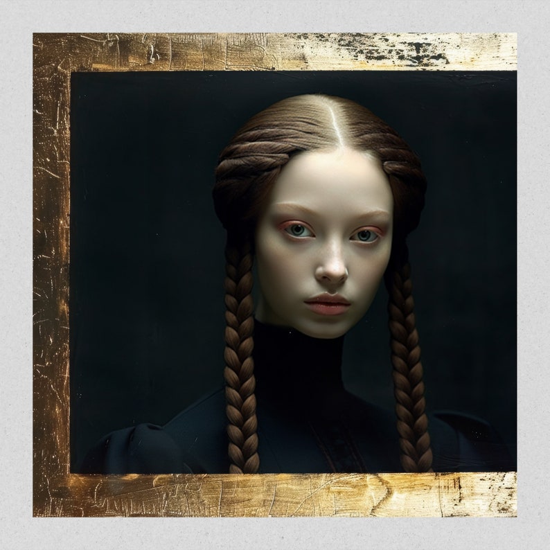 May include: A portrait of a woman with long brown braids, wearing a black mock neck shirt. The image is framed in a gold frame.