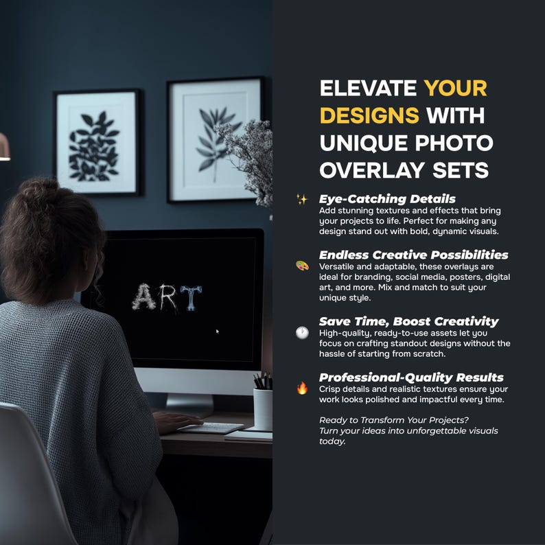 Puede incluir: Una persona trabajando en una computadora con la palabra "ART" en la pantalla. La imagen promociona conjuntos de superposici&oacute;n de fotos &uacute;nicos para proyectos de dise&ntilde;o, con texto que destaca detalles llamativos y resultados profesionales.