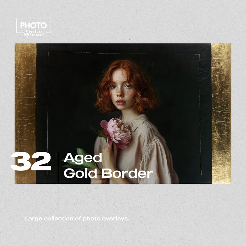 May include: A digital overlay with a gold border and the text "Aged Gold Border" on a black background. The overlay features a woman with red hair holding a pink flower. The text "32" is in the bottom left corner. The text "Large collection of photo overlays" is at the bottom of the image.