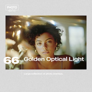 Könnte beinhalten: Werbebild mit einer Frau mit lockigem Haar und goldenen Ohrringen. Der Text "66 Golden Optical Light" ist in Weiß dargestellt, darunter "Large collection of photo overlays".