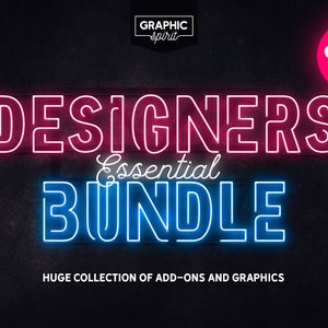 May include: Neon sign with the text "DESIGNERS Essential BUNDLE" in pink and blue. The text "99% DISCOUNT" is in a pink circle in the top right corner. The text "HUGE COLLECTION OF ADD-ONS AND GRAPHICS" is below the main text.