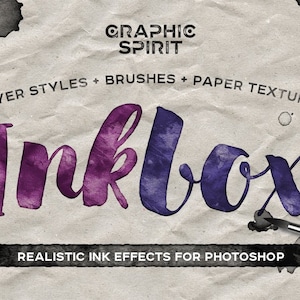 INKBOX: Realistische Tinte Effekte für Adobe Photoshop. Ebenenstile, Farbtusche, Kleckse, Spritzen, Papierstrukturen, Zerknittertes Papier, Kraftpapier