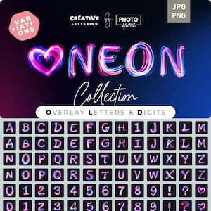 以下が含まれることがあります： ピンクとブルーのネオンアルファベットの文字と数字。文字と数字は太字でスタイリッシュなフォントです。画像の上部に大きな文字で「NEON」という単語が表示されています。文字と数字の下に「Overlay Letters & Digits」というテキストが表示されています。