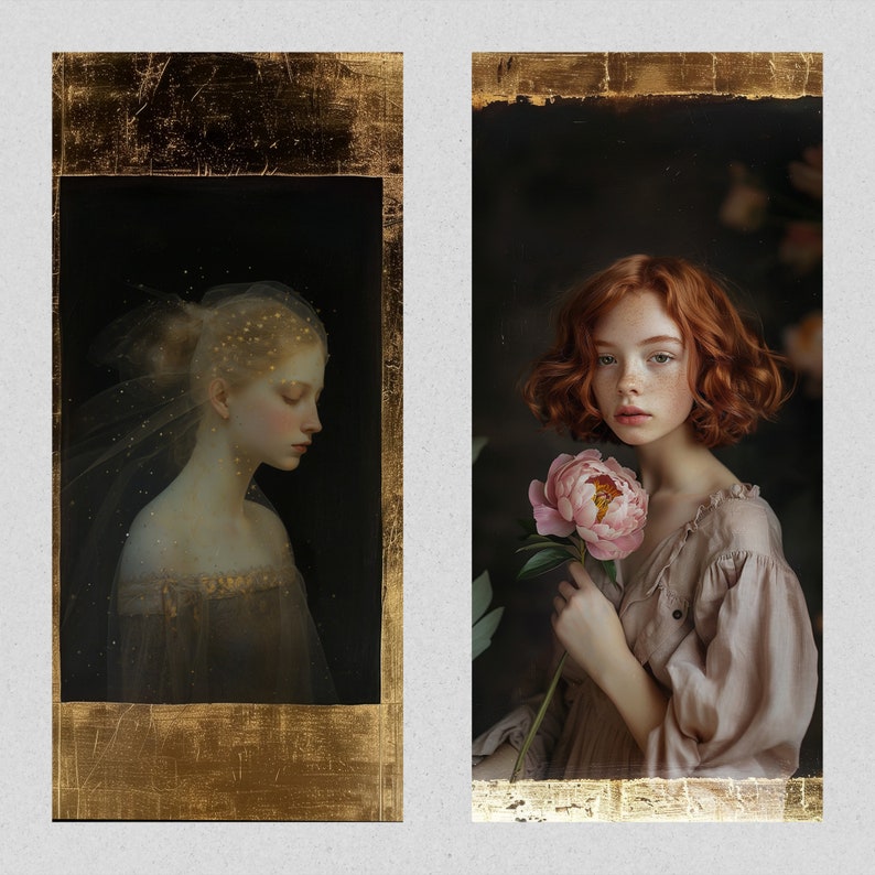 May include: Two framed portraits of women. The woman on the left is wearing a white veil and a gold dress. The woman on the right is wearing a pink dress and holding a pink flower. Both portraits have a gold frame.