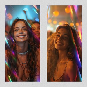 May include: Two photos of a woman with long brown hair smiling at the camera. The first photo shows her in a crowd with colorful lights in the background. The second photo shows her in a more intimate setting with warm lighting. Both photos feature a rainbow prism effect.