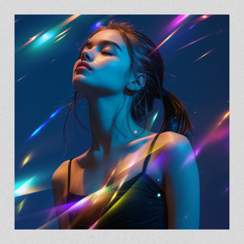 May include: A woman with her eyes closed, wearing a black tank top, is illuminated by colorful streaks of light against a blue background.