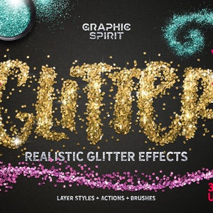 Digital Effect Glitter Shine & Sparkle Photoshop Styles + Actions +  Brushes for Text Lettering And Overlays, Paper, Clipart, any Design!