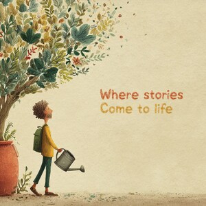 May include: An illustrated scene of a person watering a tree with vibrant green and yellow leaves. The person is dressed in a yellow top and green trousers. The text "Where stories Come to life" is in orange and yellow.