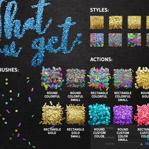 May include: A set of digital brushes and actions for creating confetti effects. The image shows different styles of confetti, including round, rectangular, and gold. The text "BRUSHES:", "STYLES:", and "ACTIONS:" is visible.