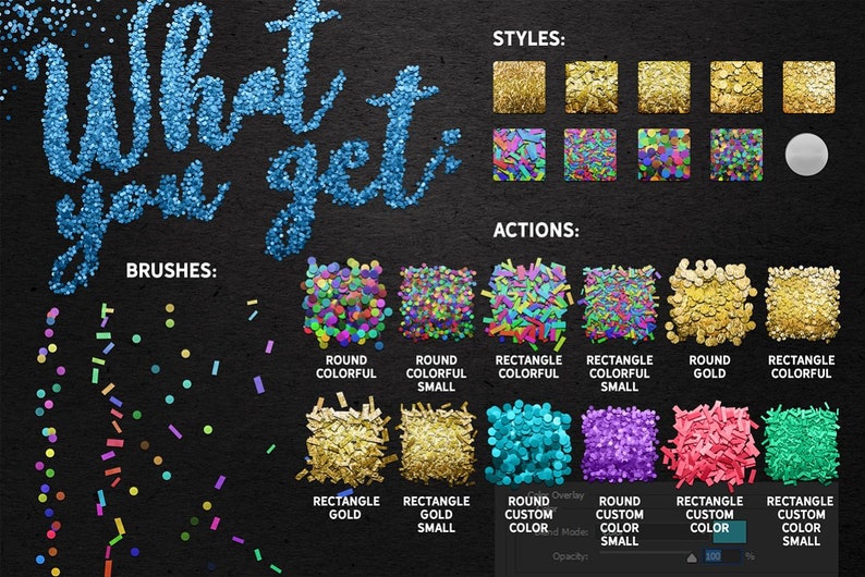 May include: A set of digital brushes and actions for creating confetti effects. The image shows different styles of confetti, including round, rectangular, and gold. The text "BRUSHES:", "STYLES:", and "ACTIONS:" is visible.