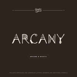 May include: A graphic design featuring the word "ARCANY" in a stylized, off-white font against a dark brown background. The text "Graphic Spirit" is above, and "ARCANE & MYSTIC" is below. The design includes uppercase and lowercase letters, numbers, and symbols.