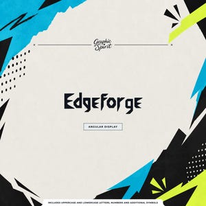 以下が含まれることがあります： Edgeforgeというタイトルのデジタルフォントディスプレイで、上にGraphic Spirit、下にAngular Displayというテキストがあります。背景は白地の中央部で、黒、明るい青、ネオンイエローの幾何学模様とドットパターンで縁取られています。