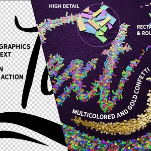 May include: A purple background with multicoloured confetti in rectangular and round shapes. The confetti is arranged in a wave pattern. The text "MULTICOLORED AND GOLD CONFETTI" is written in white on the confetti. The text "CUSTOM BACKGROUND COLOR" is written in white on the right side of the image.