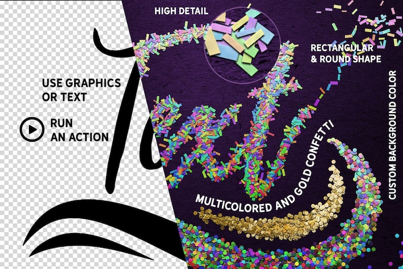May include: A purple background with multicoloured confetti in rectangular and round shapes. The confetti is arranged in a wave pattern. The text "MULTICOLORED AND GOLD CONFETTI" is written in white on the confetti. The text "CUSTOM BACKGROUND COLOR" is written in white on the right side of the image.