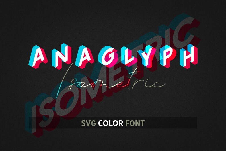 Puede incluir: Fuente de color SVG isom&eacute;trica Anaglifo, un efecto de texto 3D con un esquema de color azul y rojo. El texto est&aacute; en negrita, sin serifas.