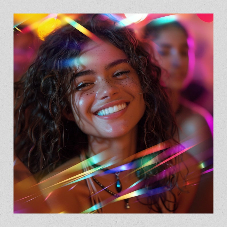 May include: A woman with curly brown hair smiles brightly at the camera. She is wearing a necklace with a teardrop pendant and is surrounded by colorful lights.