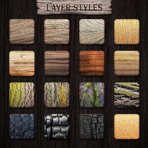 May include: A collection of 20 wood textures, displayed in a grid on a dark wood background. The textures include various types of wood, such as oak, pine, and birch, as well as different finishes, such as weathered, distressed, and polished. The title "LAYER STYLES" is displayed at the top of the image.