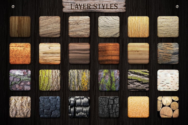 May include: A collection of 20 wood textures, displayed in a grid on a dark wood background. The textures include various types of wood, such as oak, pine, and birch, as well as different finishes, such as weathered, distressed, and polished. The title "LAYER STYLES" is displayed at the top of the image.