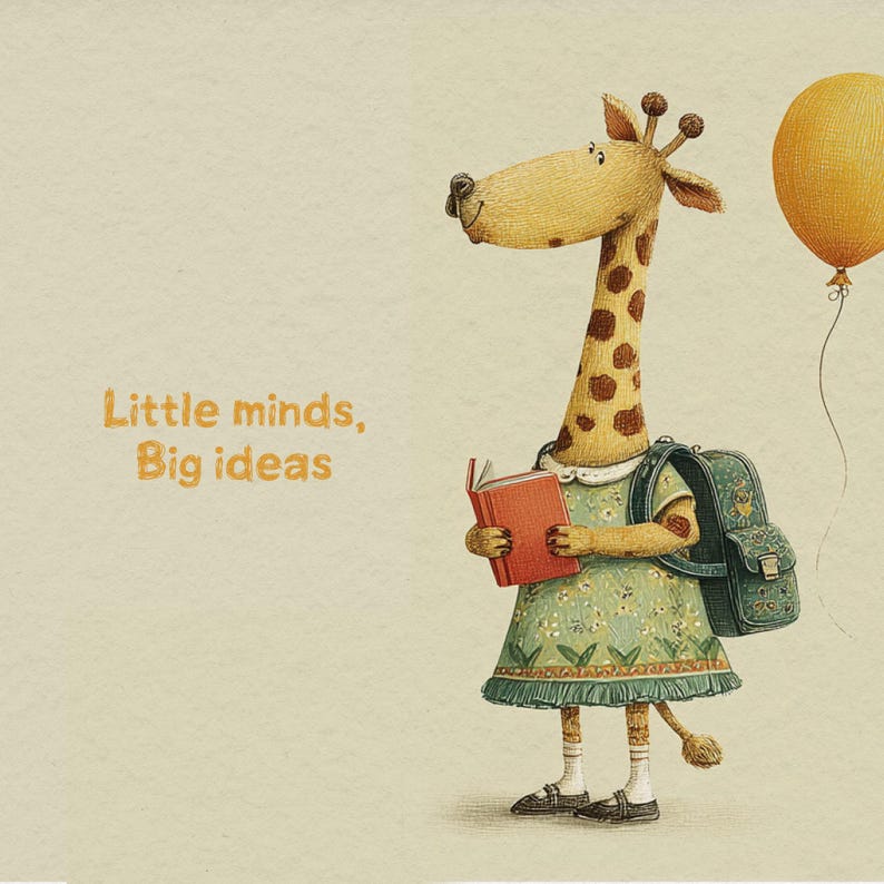 May include: An illustration of a giraffe wearing a green dress, backpack, and shoes, holding a red book and a yellow balloon. The text "Little minds, Big ideas" is printed in the upper left corner.