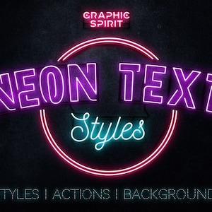 May include: Neon text styles graphic design resource with a pink neon circle and the text "NEON TEXT Styles" in purple and blue neon. The text "STYLES | ACTIONS | BACKGROUNDS" is below the circle in blue neon.