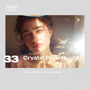 May include: A portrait of a woman with crystal prism light effects. The image features the text "33 Crystal Prism Light" and "Large collection of photo overlays."