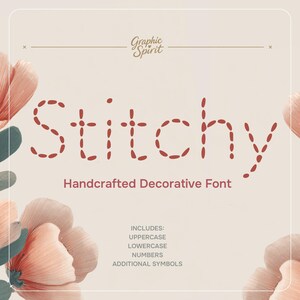 May include: A decorative font design featuring the word "Stitchy" in a stitched style, in reddish-brown. The text "Handcrafted Decorative Font" is below the word. The image includes floral elements and the text "Graphic Spirit".