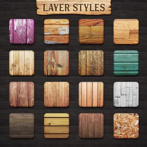 May include: A collection of 20 wood texture layer styles, displayed in a grid on a dark wood background. The styles include various wood grains, colors, and finishes, such as weathered, distressed, and painted.