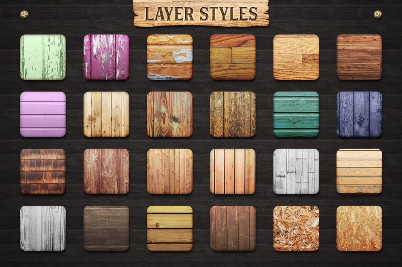 May include: A collection of 20 wood texture layer styles, displayed in a grid on a dark wood background. The styles include various wood grains, colors, and finishes, such as weathered, distressed, and painted.