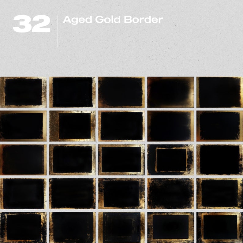 May include: A set of 32 digital graphics featuring aged gold borders. The borders are in various styles and sizes, and they are perfect for adding a vintage touch to your designs.