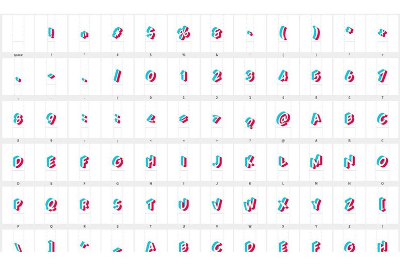 Puede incluir: Un alfabeto de fuente 3D con letras y n&uacute;meros azules y rosas. Las letras y los n&uacute;meros est&aacute;n en un estilo negrita y en bloque.