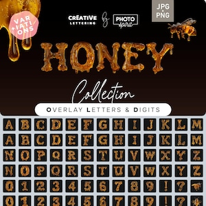 May include: A collection of honey-themed overlay letters and numbers. The letters are dripping honey and are in a gold colour. The letters are arranged in alphabetical order and include numbers 0-9, an exclamation mark, a question mark, and a bee.