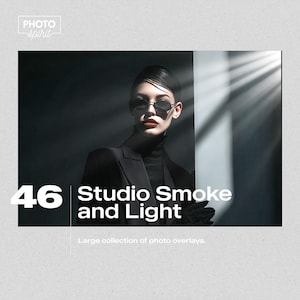 Puede incluir: Imagen de una mujer con gafas de sol y un traje negro, con el texto "46 Studio Smoke and Light" y "Large collection of photo overlays". La foto tiene un efecto de iluminación dramático.