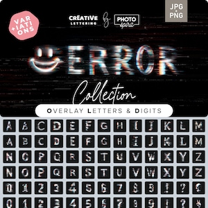 May include: Digital overlay letters and digits collection with a glitch effect. The word "ERROR" is displayed with a distorted smiley face. Includes a full alphabet and numbers 0-9, plus punctuation, in a grid.