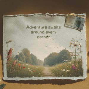 May include: An art print depicting a path through a field of wildflowers, with the text "Adventure awaits around every corner." The artwork shows a pathway leading to a tree line. A small rectangular card is attached to the top right corner of the print.