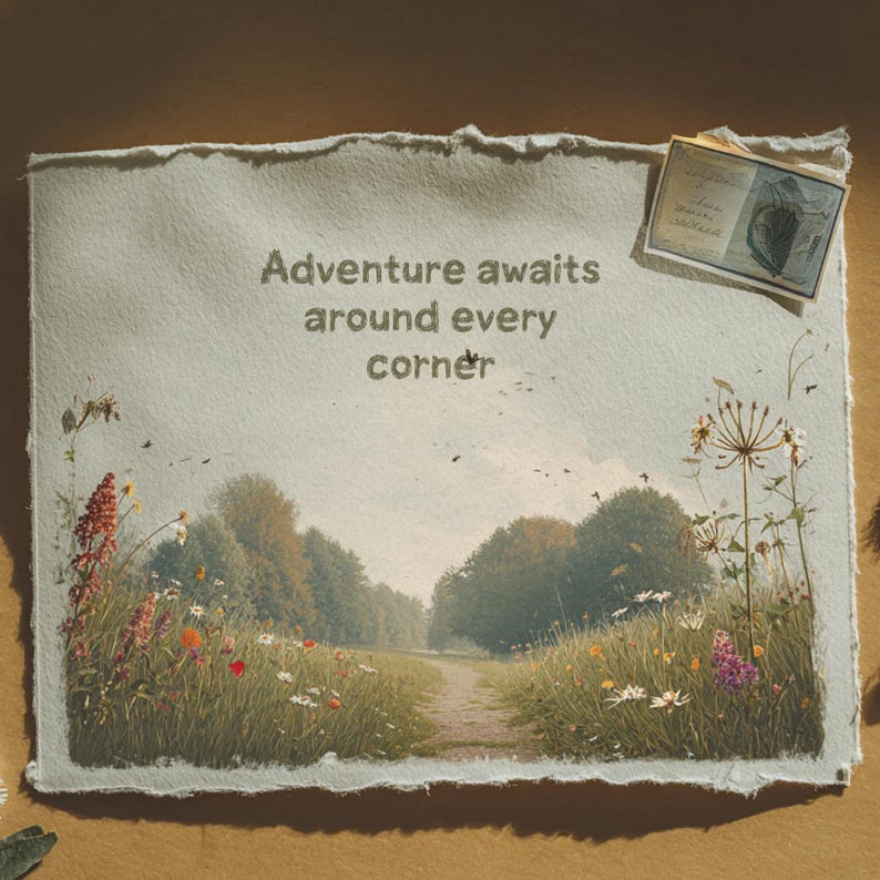 May include: An art print depicting a path through a field of wildflowers, with the text "Adventure awaits around every corner." The artwork shows a pathway leading to a tree line. A small rectangular card is attached to the top right corner of the print.