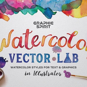 Könnte beinhalten: Watercolor Vector Lab: Aquarell-Stile für Text und Grafik in Illustrator. Das Bild zeigt ein Aquarell-Farbset, ein Glas mit rosa Flüssigkeit, einen Pinsel und Aquarellspritzer auf weißem Hintergrund.