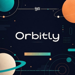 May include: A digital graphic featuring the text Orbitly in a white, soft, rounded typeface centered on a dark blue background. The design includes stylized planets, orbital rings, and stars in shades of teal, orange, and cream, with the text Soft Rounded Typeface and Includes uppercase and lowercase letters, numbers and additional symbols.