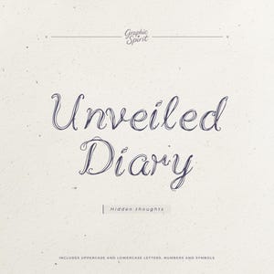 Op de afbeelding: Een lichtbeige achtergrond met de woorden "Unveiled Diary" in een donkerblauw, elegant script. Onder de titel staat de zin "Hidden thoughts" in een kleiner lettertype. De tekst "INCLUDES UPPERCASE AND LOWERCASE LETTERS, NUMBERS AND SYMBOLS" staat onderaan.