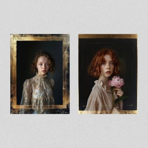 May include: Two portraits of young women in ornate gold frames. The woman on the left is wearing a lacy, cream-colored blouse. The woman on the right is wearing a light brown blouse and holding a pink flower.